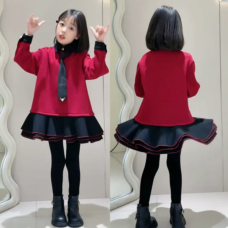 女童连衣裙春秋2025新款洋气儿童红色百褶卫衣裙大女孩学院风裙子