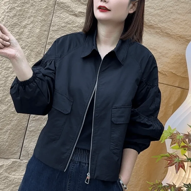 2025春秋款新款时尚洋气韩版百搭宽松女士短款夹克外套妈妈装上衣