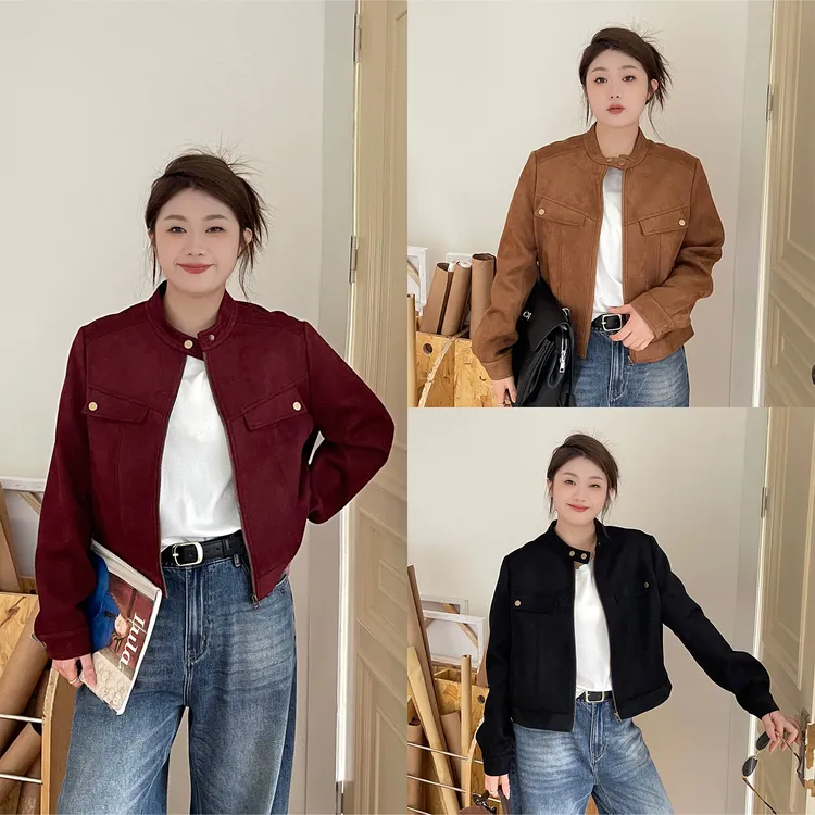 裂渡宣宣【怀旧港风】微胖大码女秋时尚百搭麂皮夹克短外套ZY507A09