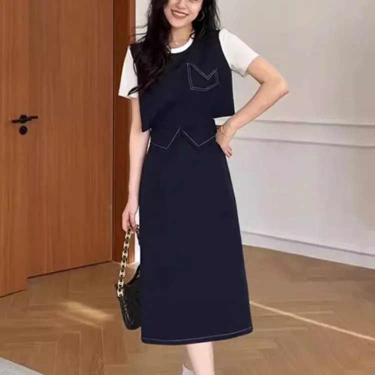 设计感休闲时尚女士2025夏季新款别致高贵洋气短袖上衣裤裙两件套