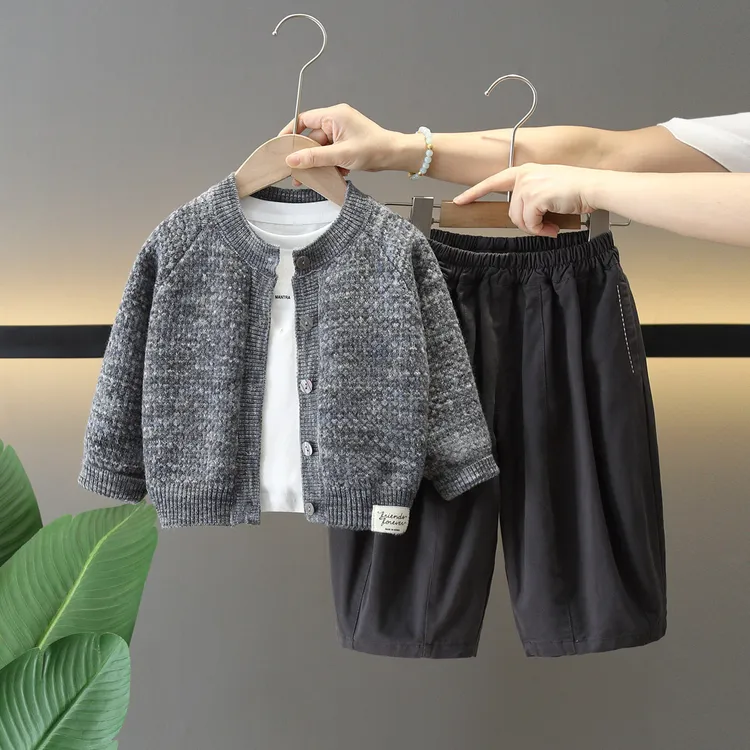 男童秋装套装2025新款洋气儿童毛衣外套三件套宝宝春秋韩版衣服潮