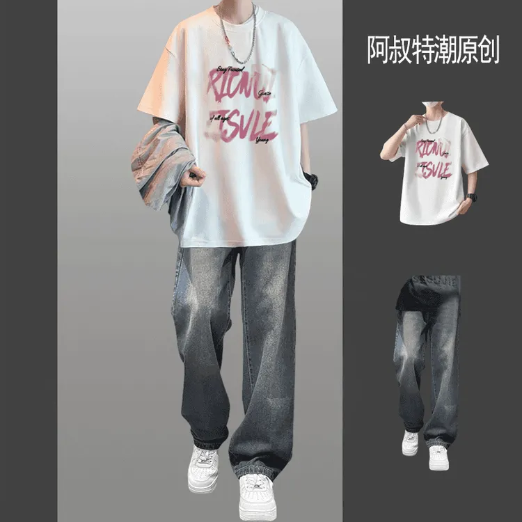 男生短袖t恤套装夏季潮牌休闲运动男装一整套高街痞帅搭配牛仔裤