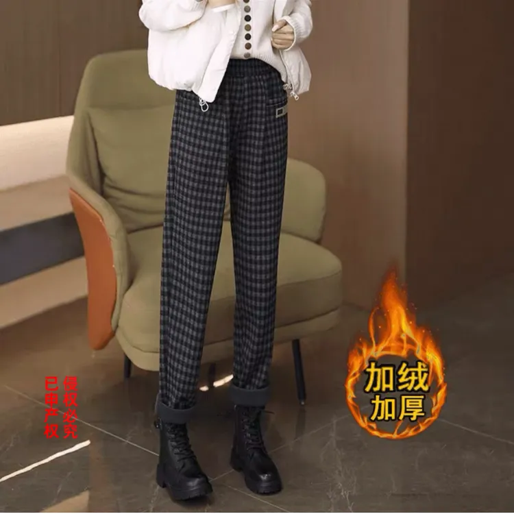 专柜版本毛呢哈伦裤女秋冬新款加绒加厚宽松休闲格子直筒哈伦裤2