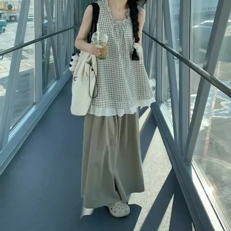 女夏季新款格子背心无袖衬衫休闲长裤两件套小个子