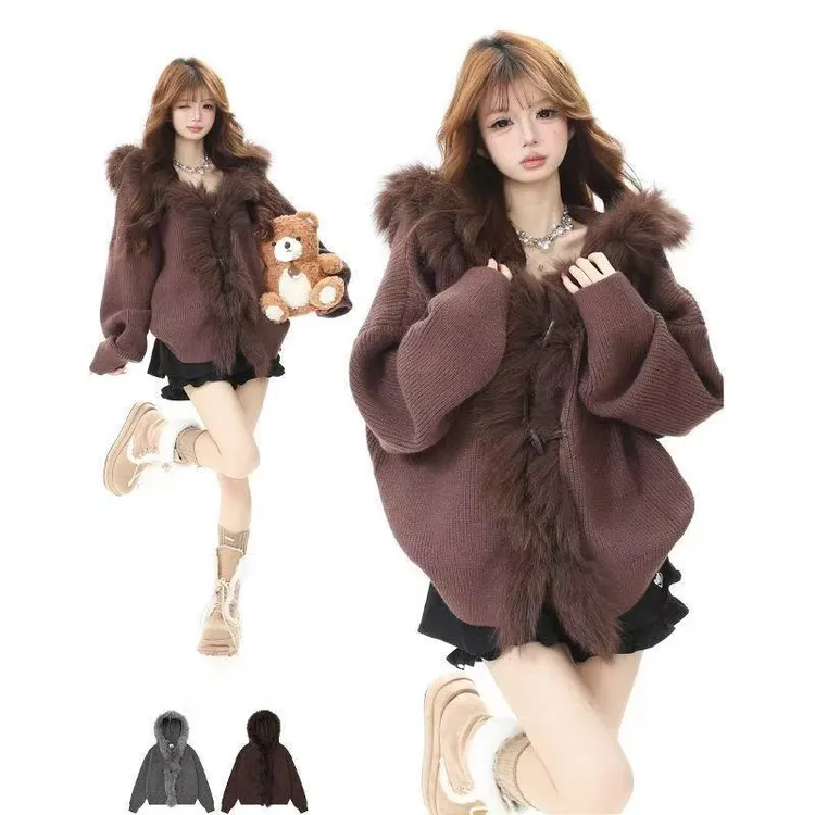 美式慵懒风设计感大毛领针织毛衣女2025秋冬新款气质百搭宽松外套