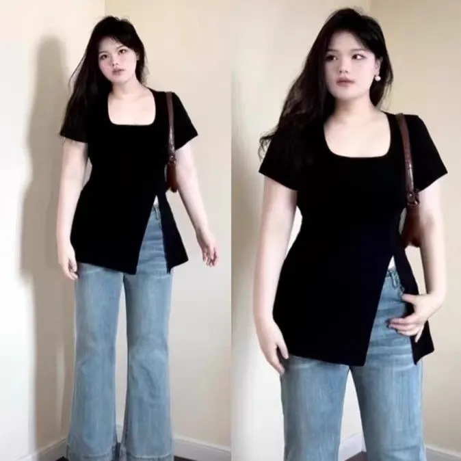 大码微胖正肩方领短袖T恤女夏季设计感开叉体恤胖MM遮肉显瘦上衣