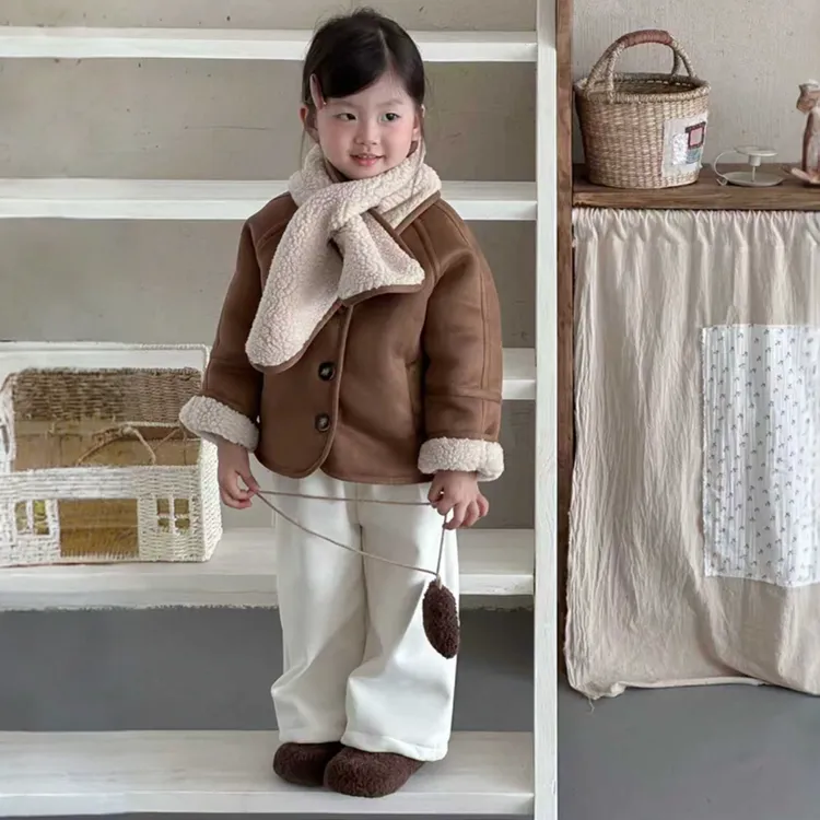 女童加绒外套冬季新款加厚慵懒风亲子装百搭洋气厚款保暖带围巾