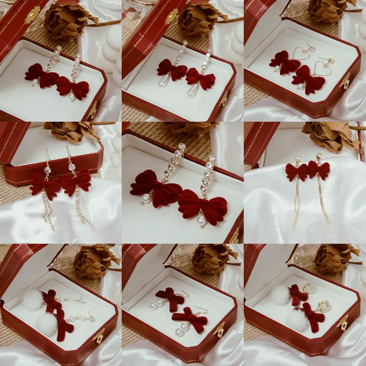 锌合金大理石耳饰 酒红色丝绒蝴蝶结耳钉法式小众高级感耳饰