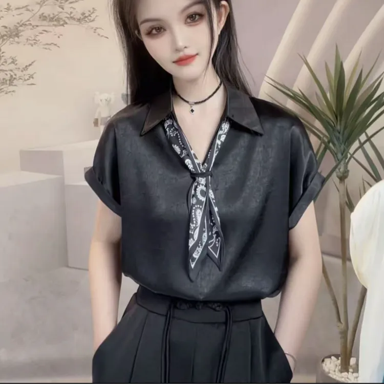 时尚韩版翻领短袖衬衫女士夏季气质显瘦减龄系带丝巾上衣25126