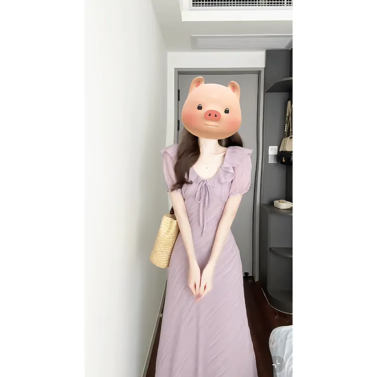 大码【夏日梦境】法式温柔荷叶边泡泡袖连衣裙系带收腰肌理感长裙子