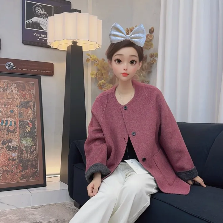 【HUIYING】韩版轻奢双面呢中长款双面穿大衣复古宽松毛呢秋冬设计