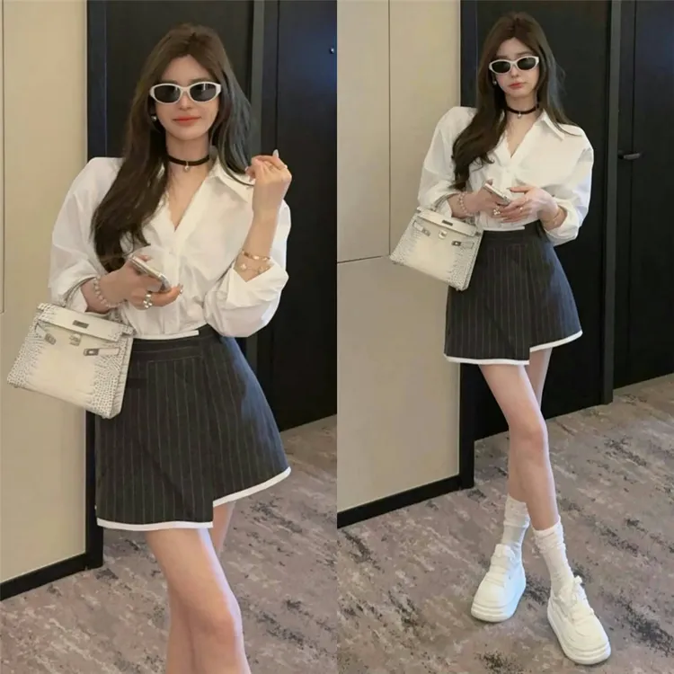 2025春夏款休闲订制蕾丝边白色衬衫+竖条不规则西装半裙时尚套装