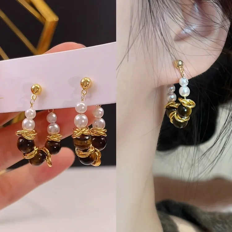 铜合金耳饰  虎眼石串珠两戴耳环女2025新款爆款高级耳钉秋冬耳饰