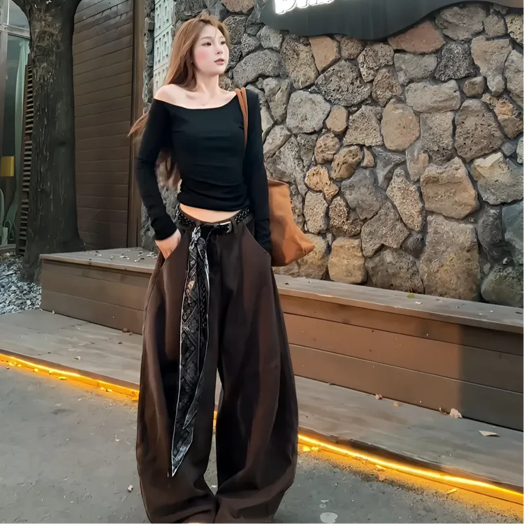 美式复古休闲阔腿裤女早秋流行新款百搭显瘦高腰时尚设计感直筒裤