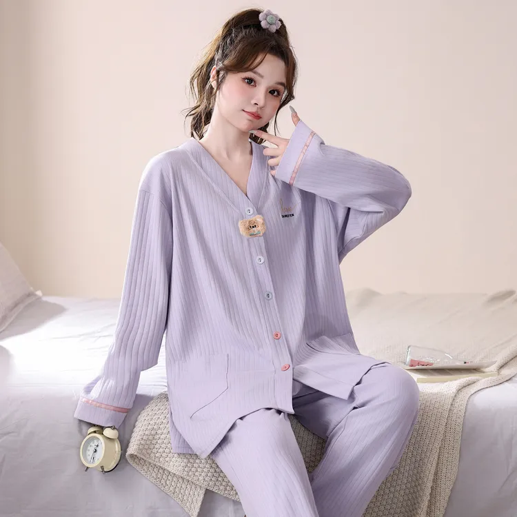 纯棉睡衣女大码胖mm宽松V领开衫卡通刺绣全棉家居服加肥加大200斤