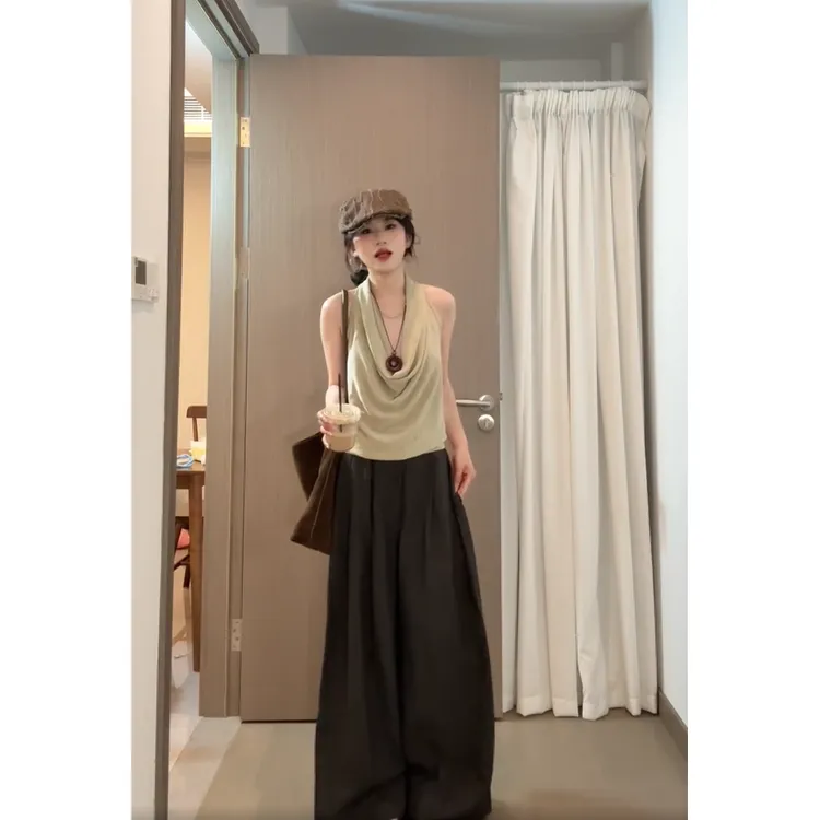 挂脖辣妹性感露背挂脖小背心女夏+宽松显瘦阔腿裤拖地长裤子衣服