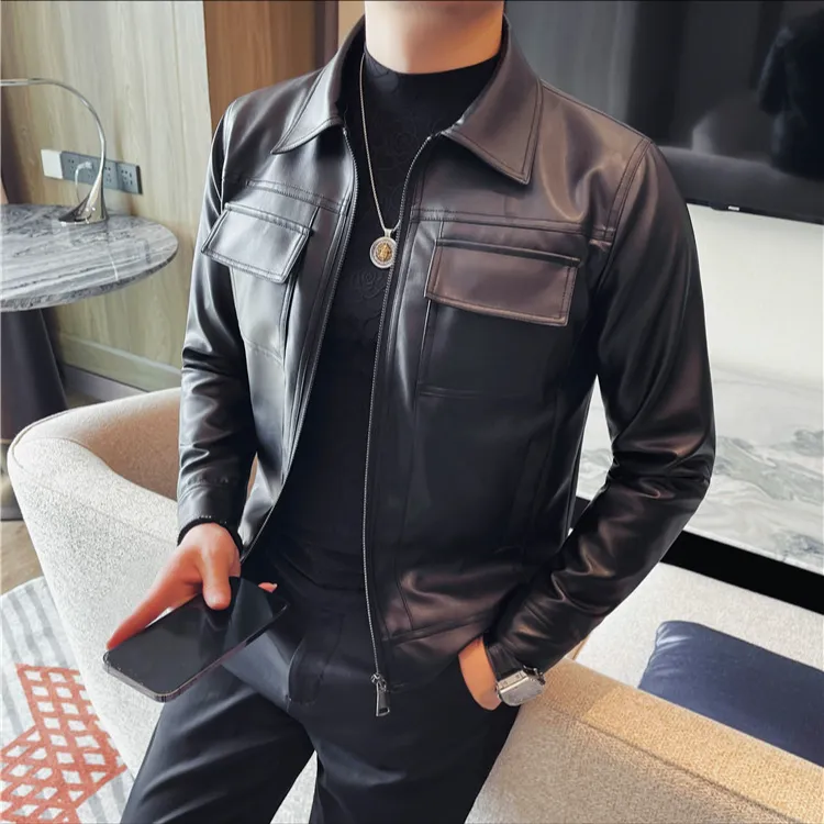 秋冬爆款帅气男士短款休闲翻领皮衣时尚百搭潮流修身上衣短款外套
