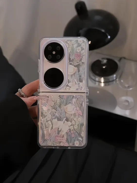 （华为pocket系列）羽纱适用华为pocket2手机壳p50女花丛猫咪白天鹅