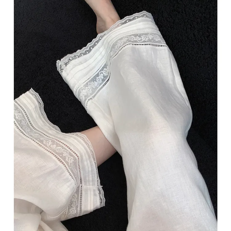 蕾丝花边刺绣棉麻休闲裤女秋季新款小个子宽松显瘦高腰阔腿九分裤