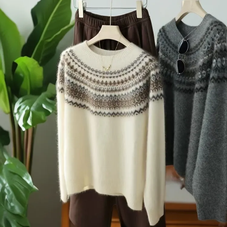 高端一线羊毛拉绒加厚保暖羊毛衫百搭宽松时尚针织衫慵懒提花毛衣