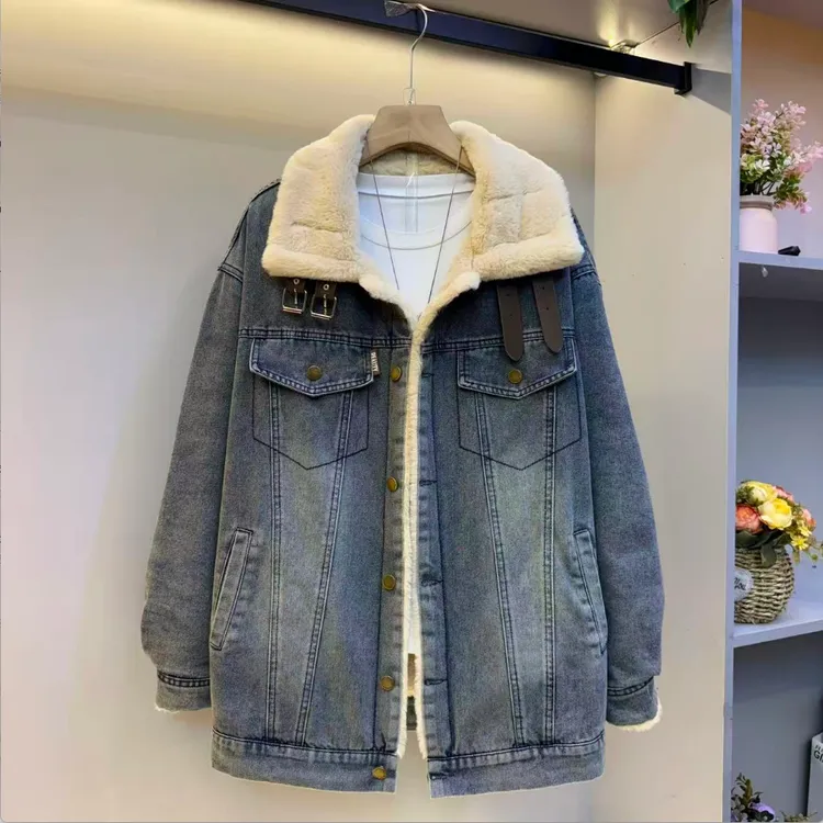 新款大码女装欧货时尚加厚绒保暖高级感牛仔棉服外套（不含打底）