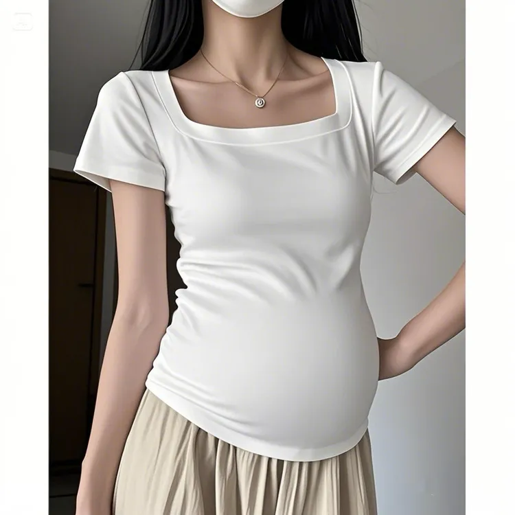 孕妇装上衣方领短袖夏季新款小众穿搭打底衫高腰收腰显瘦T恤薄衫