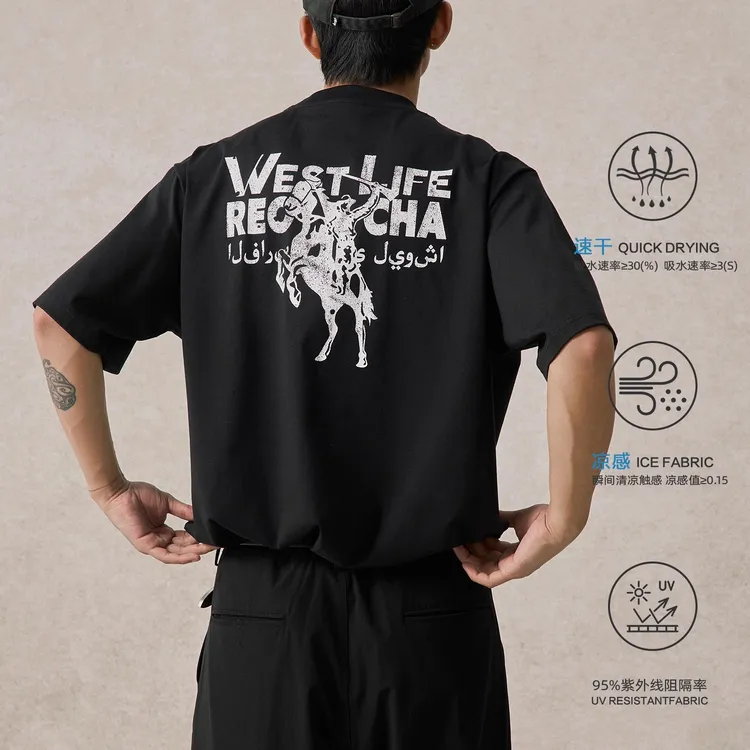 REOCHA热呈25夏季新款速干凉感索罗娜做旧牛仔印花情侣短t短袖男