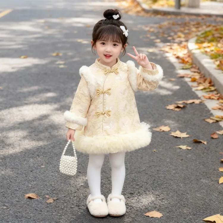 女童加绒加厚旗袍裙冬季拜年服女宝宝新中式汉服唐装小童周岁礼服