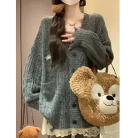 美式复古小众设计高级感灰色宽松气质针织开衫慵懒秋季毛衣女外套