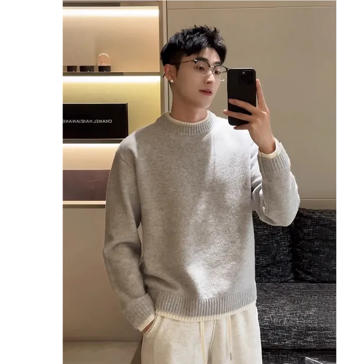 美利奴绵羊毛混纺假两件圆领毛衣男士羊毛衫秋冬新款内搭针织衫男