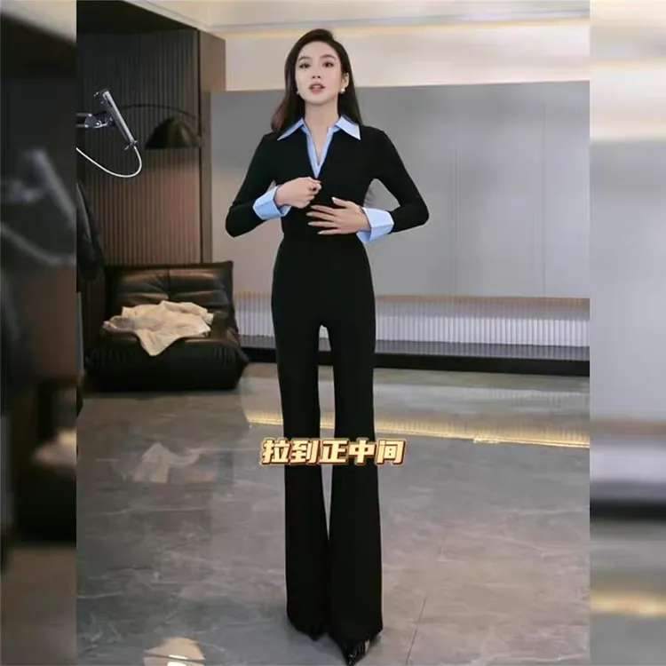 设计感撞色拼接翻领内搭上衣女秋冬新款高级假两件修身长袖打底衫