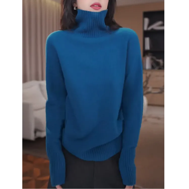 蓝色高领毛衣打底衫女秋冬2025新款韩系百搭宽松长袖内搭针织上衣