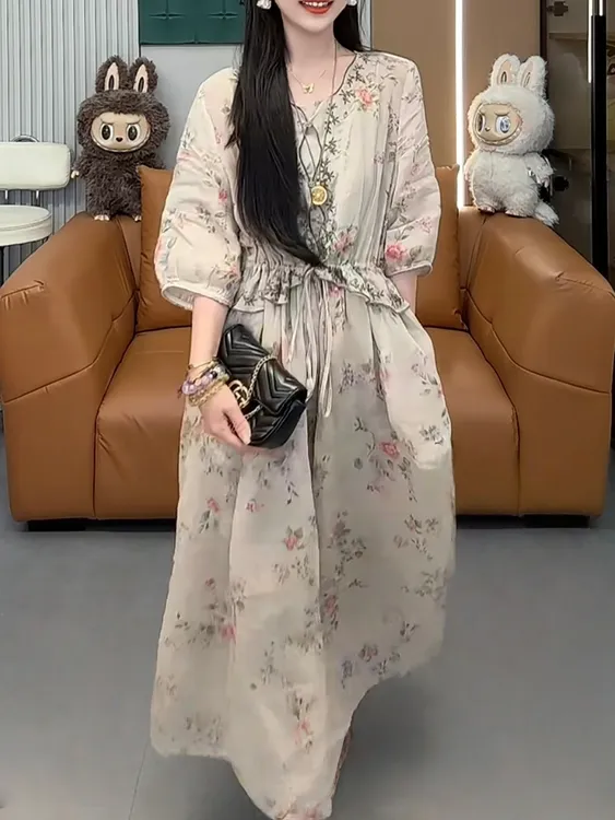 夏季新款重工刺绣气质连衣裙短袖优雅时尚宽松抽绳收腰显瘦长裙