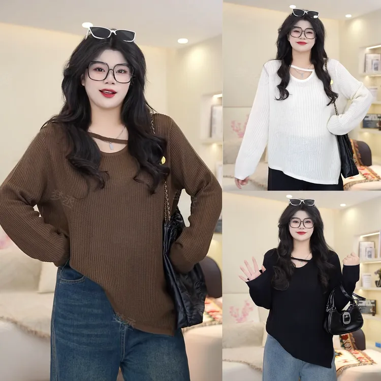 梦丞【纯欲信使】大码女装U领镂空不规则设计感洋气早秋长袖针织衫