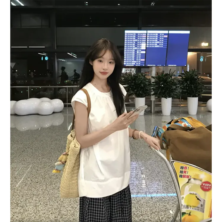 时尚穿搭女士夏圆领法式显瘦韩版港风短袖小众上衣格子阔腿休闲裤