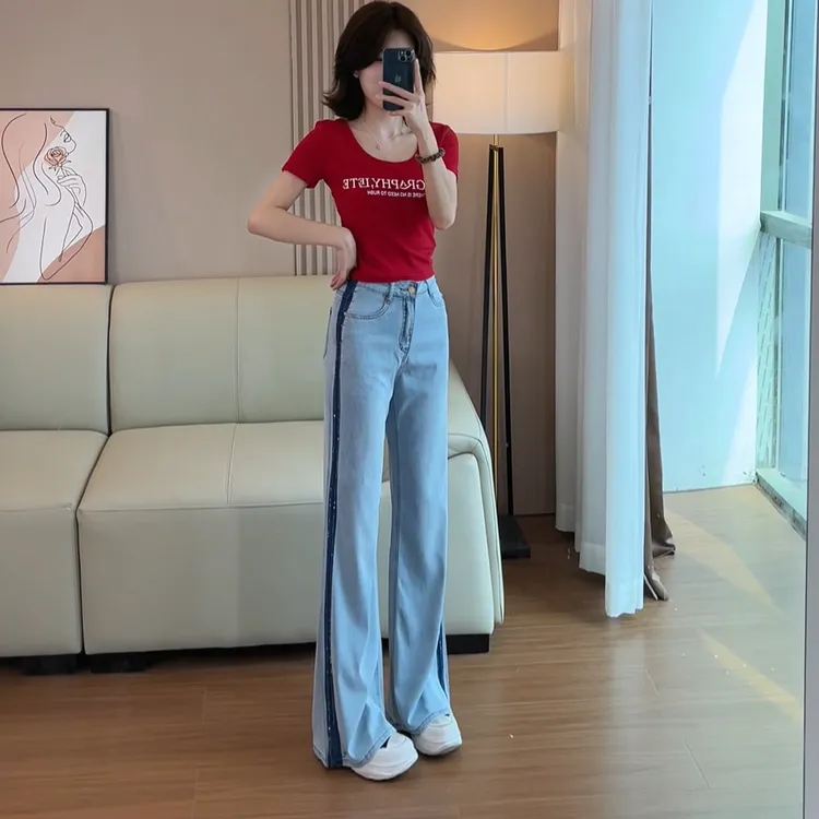 8210中高腰莱赛尔天丝直筒拖地牛仔裤浅色系烫钻收胯线显白显气质