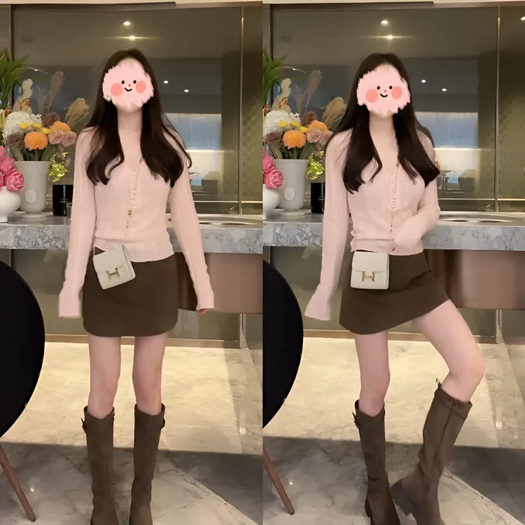 纯欲风藕粉色V领竖坑条镂空针织上衣女复古百搭A字半身短裙两件套