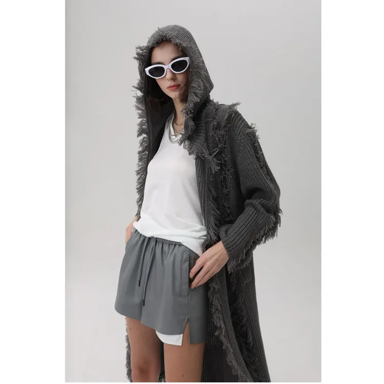 ELANSS 老钱质感口袋拼接微A廓形PU蛋白皮裤多色高腰短裤