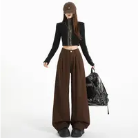 美式咖窄版阔腿牛仔裤女2025早秋新款高腰宽松垂感直筒拖地裤