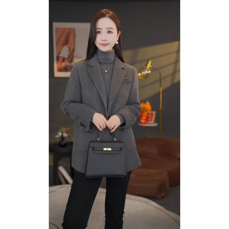 【杨杨专属】曼贝秋冬新款高端百搭时尚双面羊毛大衣8484013烟灰色