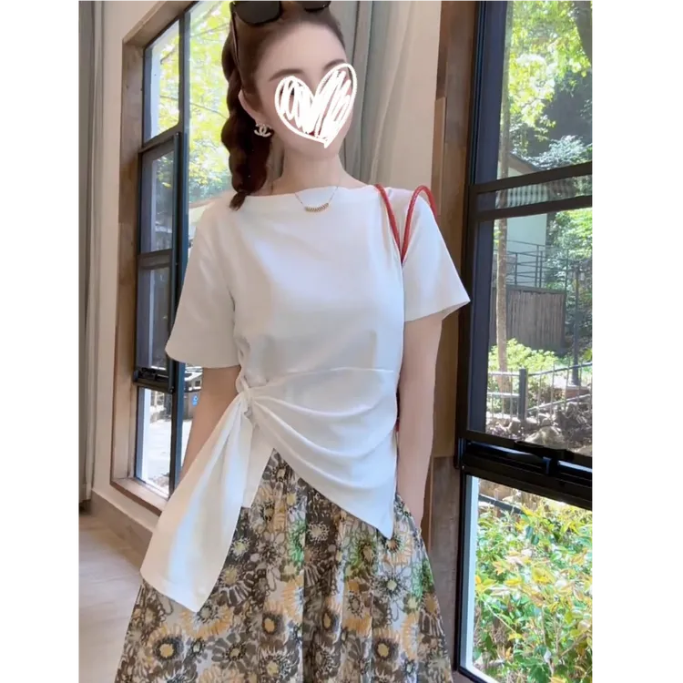 欧货设计感绑带打底衫T恤女2025夏季新款不规则收腰显瘦短袖上衣
