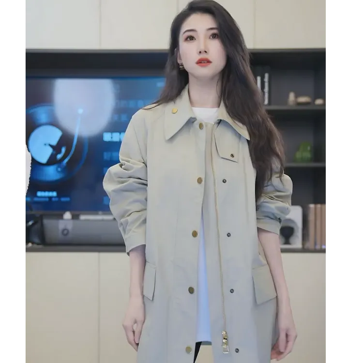 小乖逃单卡其外套风衣三个口袋黄色扣百搭宽松T1001