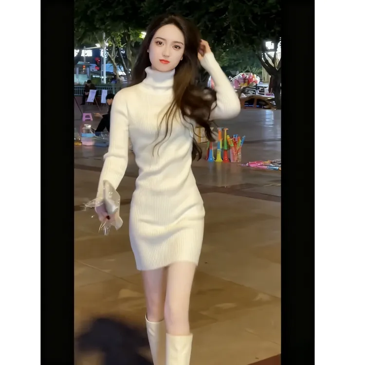 秋冬时尚新款气质显瘦高领针织连衣裙女修身打底毛衣包臀裙配大衣