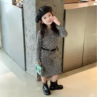 韩系女童2025秋季款洋气豹纹中长款T恤裙女宝时髦修身长款裙子