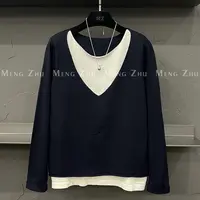 高端欧货2025年秋季新款休闲宽松百搭V领假两件拼接长袖T恤女上衣