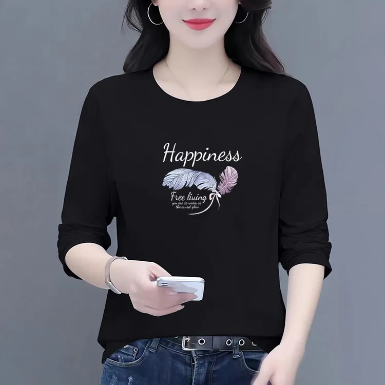 高档纯棉长袖t恤女士宽松秋装甜美圆领大码女装休闲减龄显瘦上衣