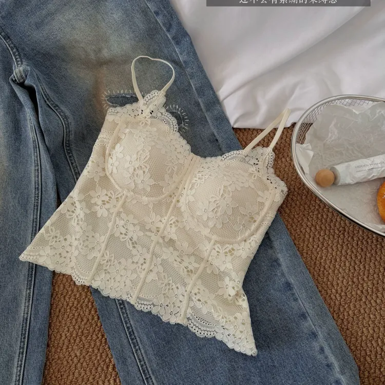 法式蕾丝性感吊带背心女带胸垫甜辣修身显瘦内搭打底上衣可外穿夏