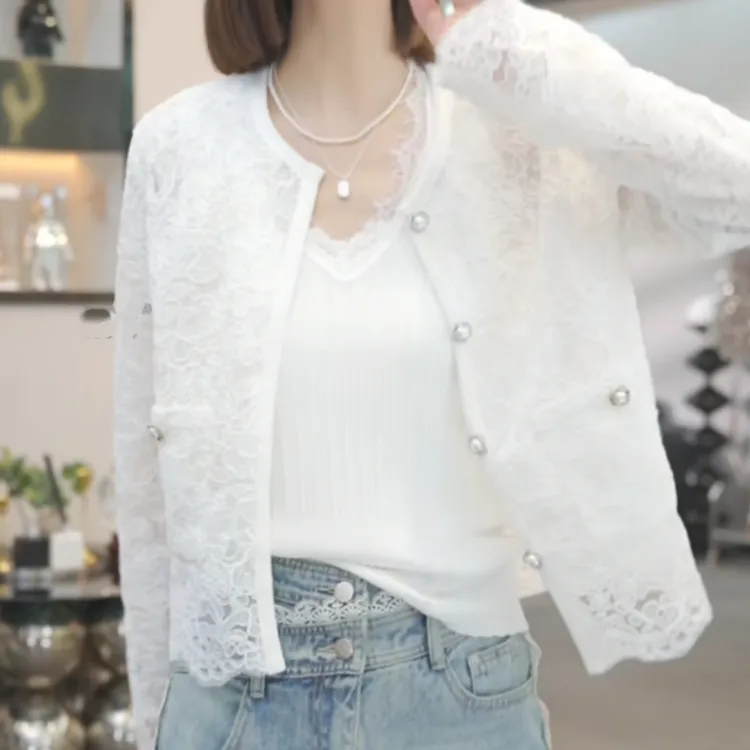 时尚休闲气质蕾丝刺绣外套女2025春季新款百搭白色长袖圆领上衣