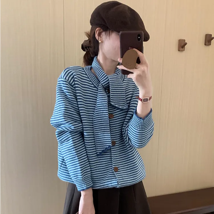 设计感围巾条纹毛衣女2025秋季新款百搭减龄显瘦简约风针织衫上衣