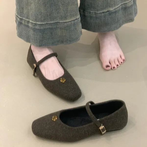 KM-1127加绒保暖单鞋女2025年山茶花复古简约毛呢料一字玛丽珍鞋